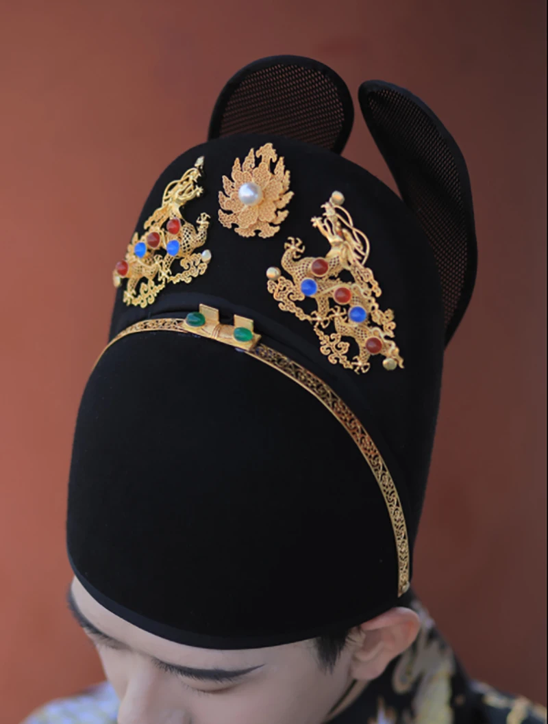 Hanfu Hat Double Dragon Wing Good Crown Imitation Dingling Brass Gold-plated Chalcedony Beads Accessories Hanfu Ming Wusha Hat