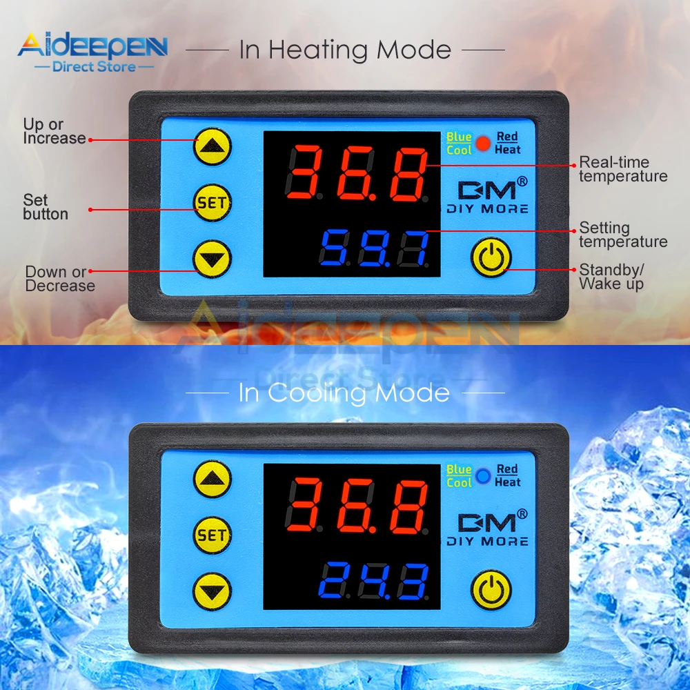 W3231 AC 110-220V DC 12V 24V Incubator Temperature Controller Thermometer Cool/Heat Digital Dual Display with NTC Replace W3230