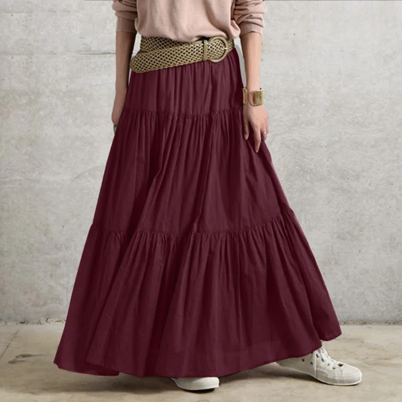 Autumn Winter Long Skirts Vintage Women\'s Ruffles Skirt Spring Solid Casual Loose Elastic Waist Skirts Oversize Female Bottoms