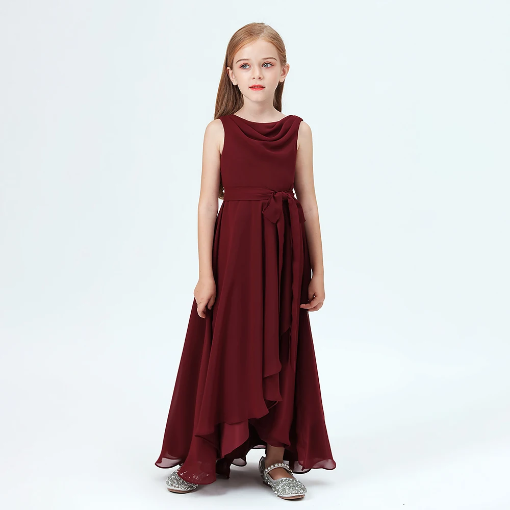 Assymetrische Chiffon Junior Bruidsmeisje Jurk Voor Kinderen Feestvieren Verjaardag Evenign Feest Bruiloft Verkiezing Banket Prom