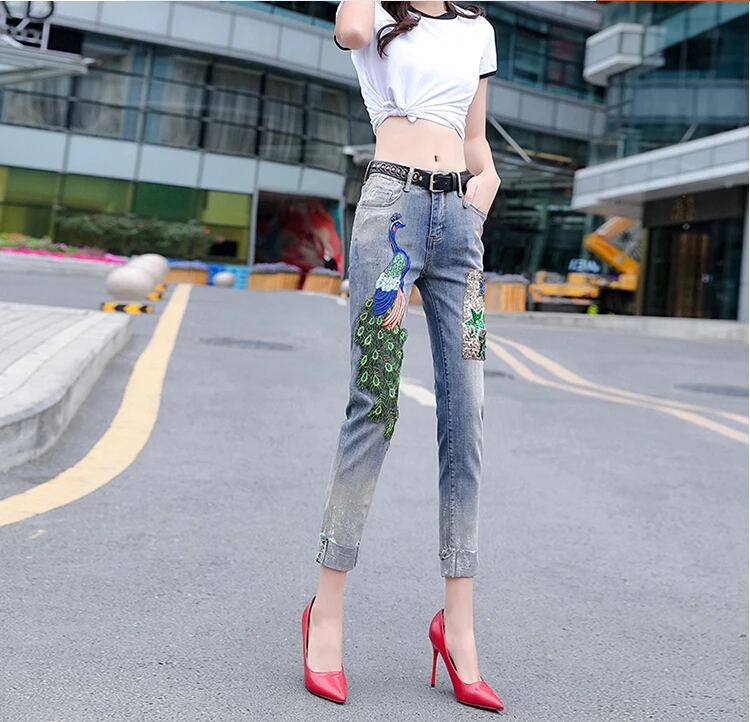 Women's Korean Fashion phoenix embroidery slim jeans Female Sexy Calf-Length thin Pants Plus Size Pencil Pants TB3212