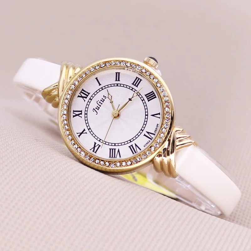 Top Julius Lady Woman Wrist Watch Elegant Rhinestone Fashion Hours Dress Bracelet Patent Real Leather School Girl Gift No Box