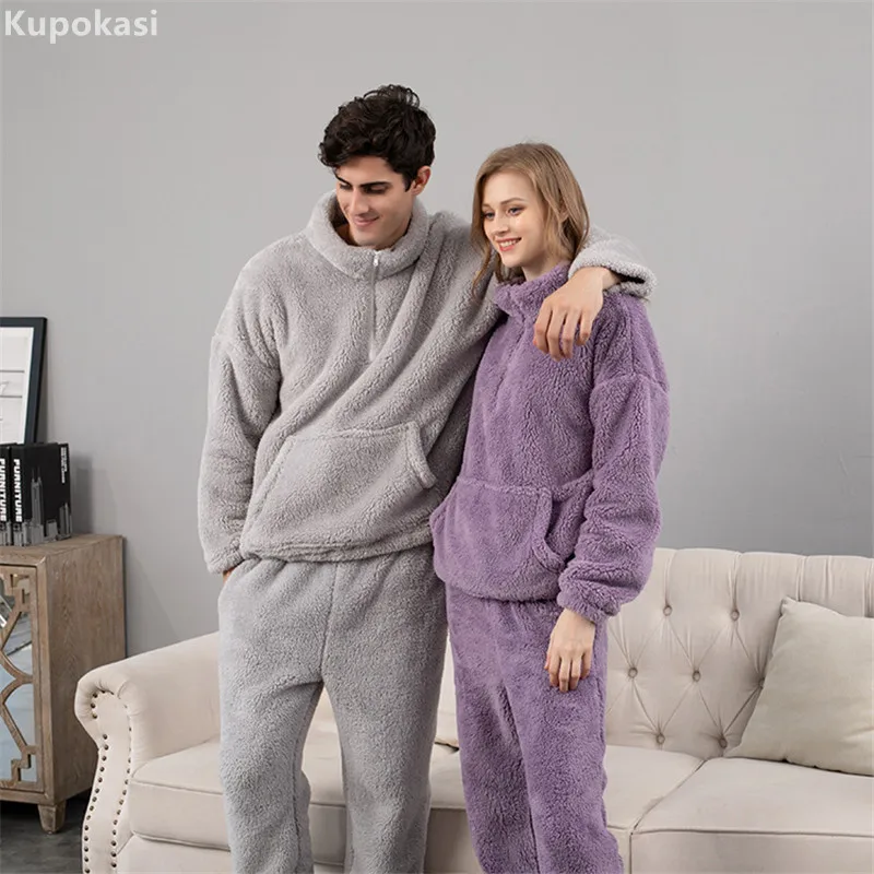 

Kupokasi Flannel Winter Pajamas Set Thickening 2 Piece Women Couple Sleepwear Casual Loose Man Warm Homewear Nightwear