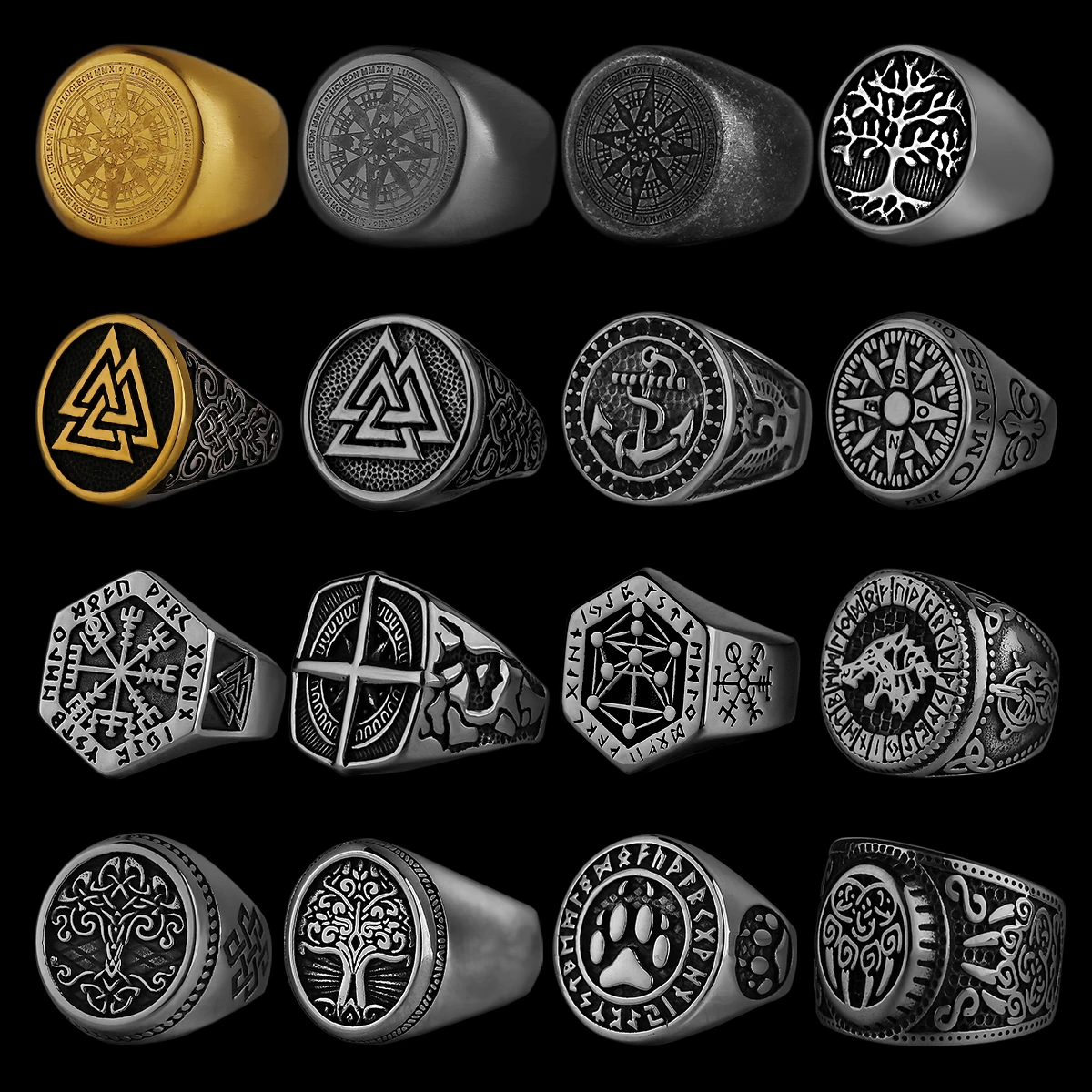 Nordic Viking Stainless Steel Ring Anchor Compass Tree of Life Viking Rune Wolf Men and Women Ring Jewelry Factory Wholesale