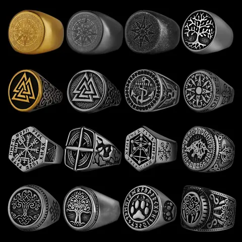 Nordic Viking Stainless Steel Ring Anchor Compass Tree of Life Viking Rune Wolf Men and Women Ring Jewelry Factory Wholesale