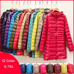 Chaquetas de plumón de pato para mujer, abrigo ultraligero con capucha, Parkas largas portátiles, acolchado, de talla grande 6XL, 7XL