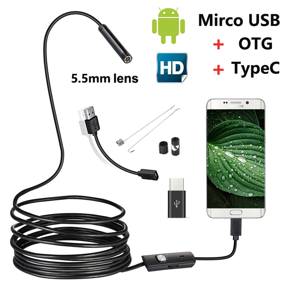 

5.5mm Endoscope Camera Micro USB OTG Type C Waterproof Adjustable 6LED Inspection Borescope Camera For Android Phone & Computer