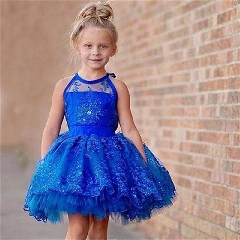 

Cute royal Blue Short Flower Girls Dresses For Wedding Ball Gowns Lace Halter Keyhole Back Ruched Little Girls Prom Kids Formal