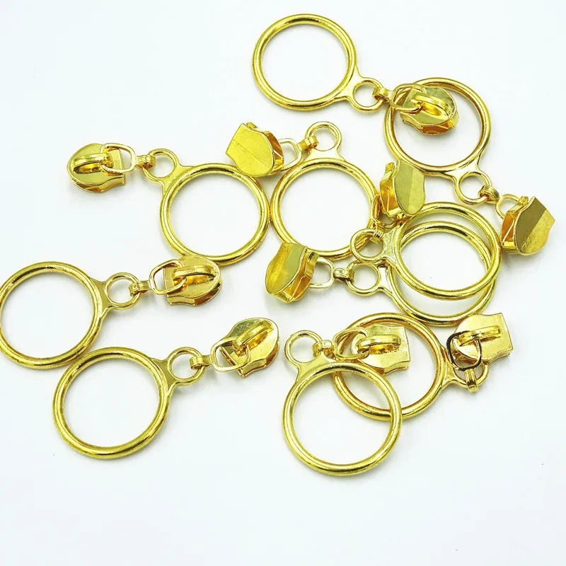 Golden Silver Colored 20pcs 5# Nylon Circle Zipper Puller Clothing Accessories Zinc Alloy luggage And Home Textile Puller