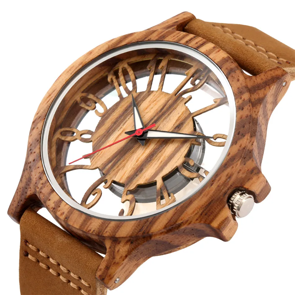 Transparent Hollow Arabic Numerals Display Men's Wood Watches Chic Fashion Male Quartz Genuine Leather Timepiece