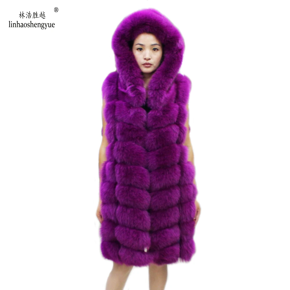 

Linhaoshengyue The Real Fox Fur Vest with Hood Long 90cm Women Real Fox Fur Vest