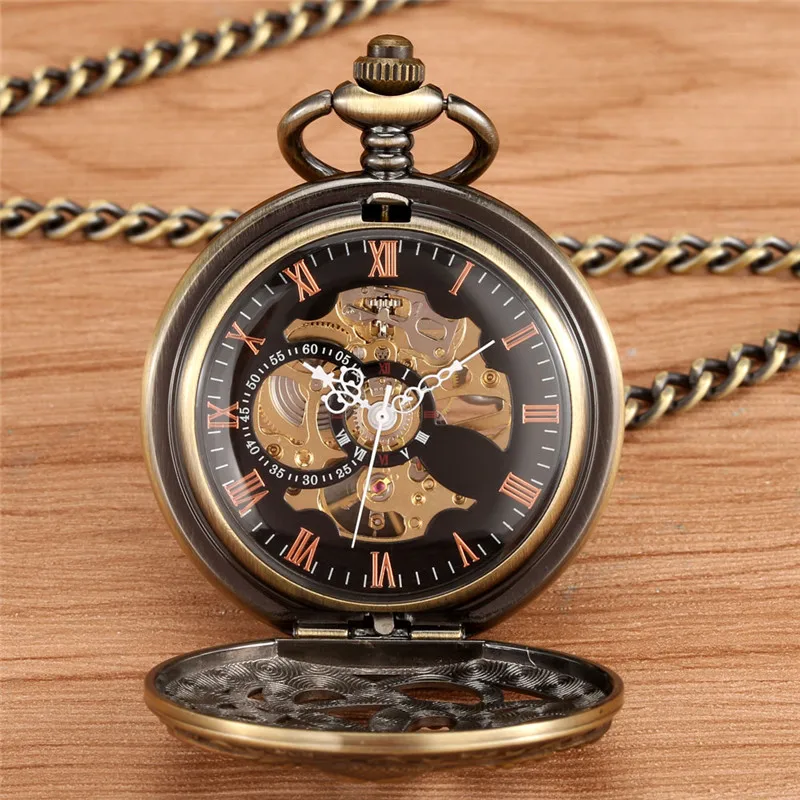 Stempunk Hollow Octopus Design Men Women Mechanical Hand Winding Pocket Watch Roman Number Fob Chain Skeleton Clock