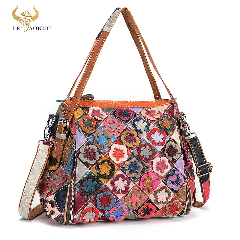 

Hot Sale Real Leather Women's Flower Stitching Purse and Handbag Over The Shoulder bag Fashion Color Block Ladies Tote bag 625