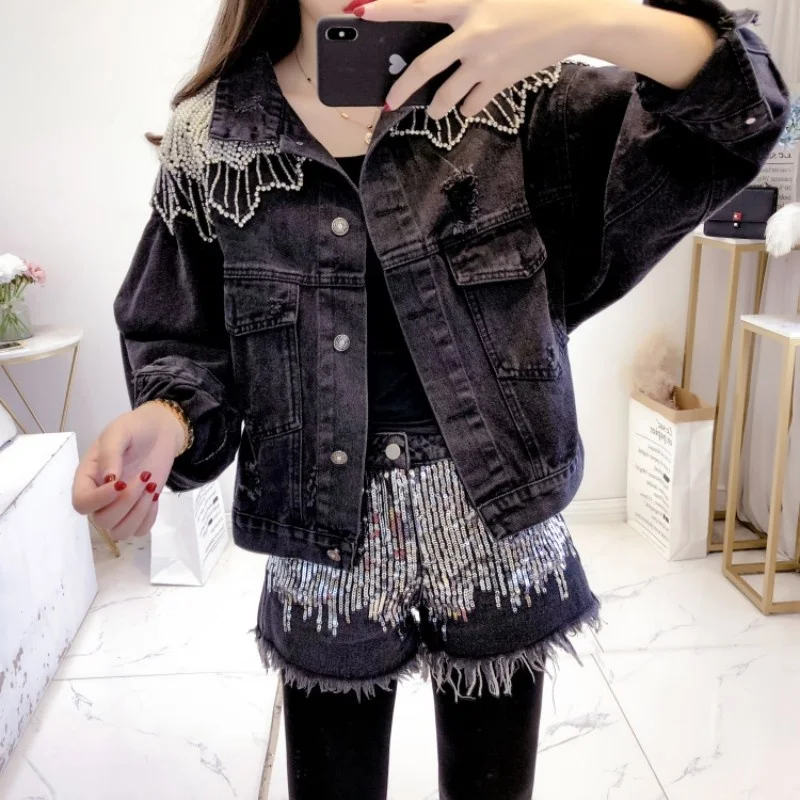 Embroidered Euro Flares Tassel Womens Autumn Denim Jackets Long Sleeve Single Breasted Hole Ripped Loose Outerwear Short Coats