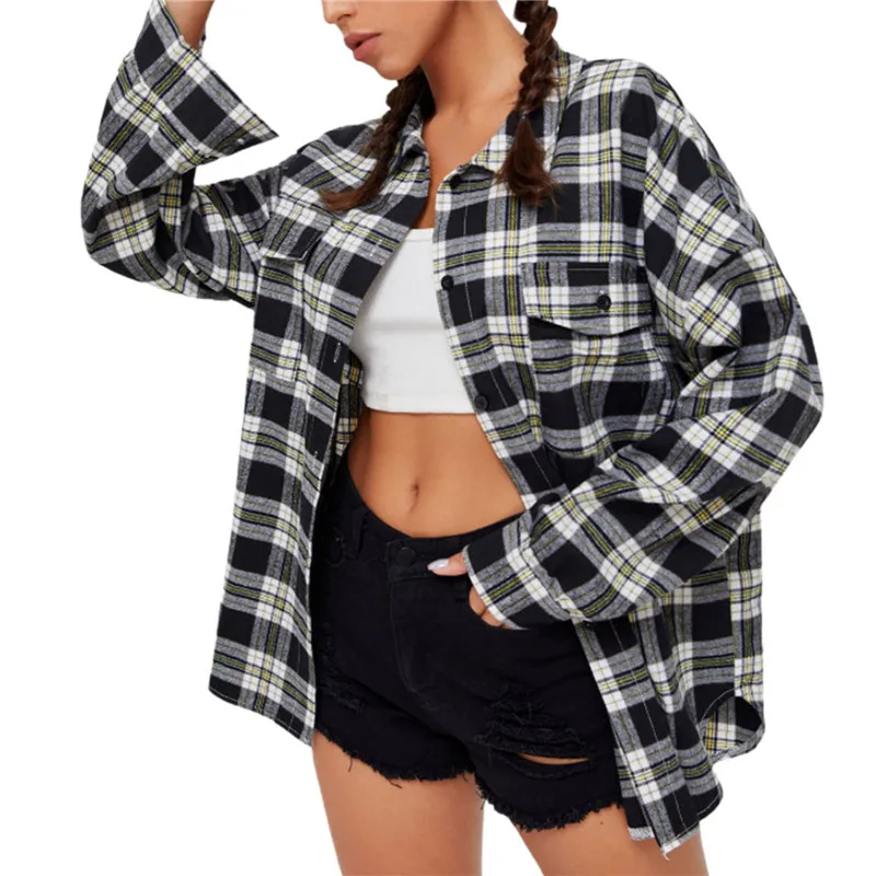 Plaid Shirts for Women Button Down Shacket Vintage y2k Shirt Coat Long Sleeve Lapel Oversized Casual Fall Jacket Tops Outwear