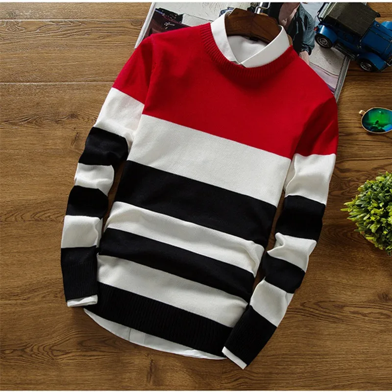 

New Men Sweater Pullover O-Neck Striped Cashmere Christmas Pullover Winter High Quality Thick Clothes Knitted Casual Men Sweater