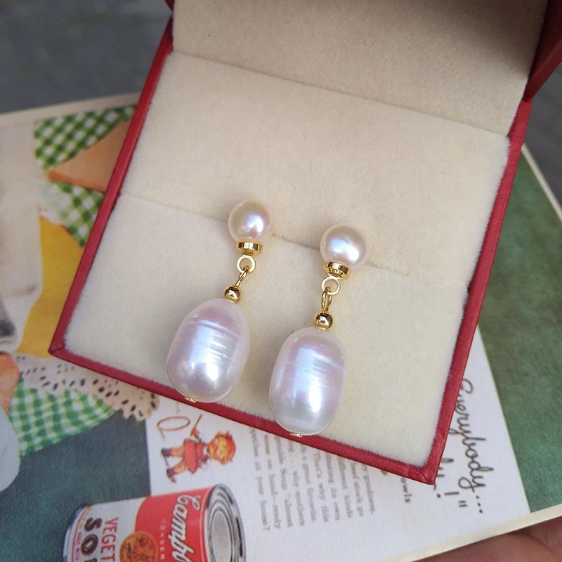 Vintage Genuine AAA South Sea White Baroque Dangle Stud Pearl Earrings Hook At Interview Concert At Banquet Free Shipping