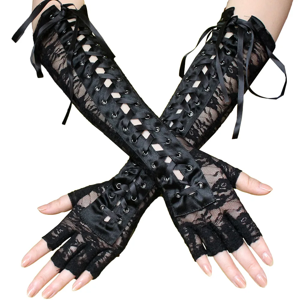 Women Sexy Lace Long Gloves Winter Elbow Length Half-finger Gloves Ribbon Fingerless Fishnet Mesh Etiquette Party Goth Gloves