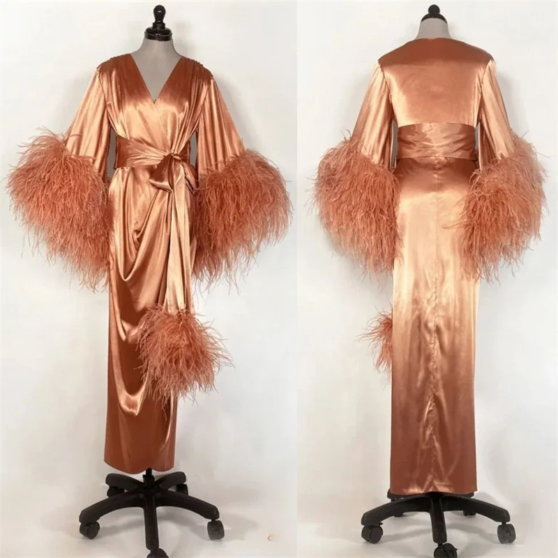 Gorgeous Feather Wedding Sleepwear With Belt Soft Silk Satin Night Gown For Women Long Sleeves Custom Made  Woman Pajamas