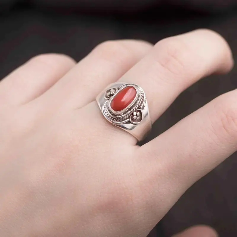 Bague en argent incrusté de tourmaline rouge du sud pour dames, bijoux ajustables, design unique, rétro, style ethnique, reconditionné à la main