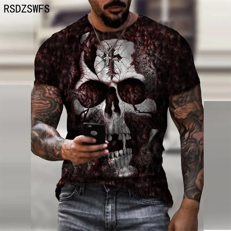 Personality 3D Printing Men\'s T-Shirt Skull Pattern for Men Demon Streetwear Handsome O-Neck Short Sleeves Casual Tshirt Top Tee