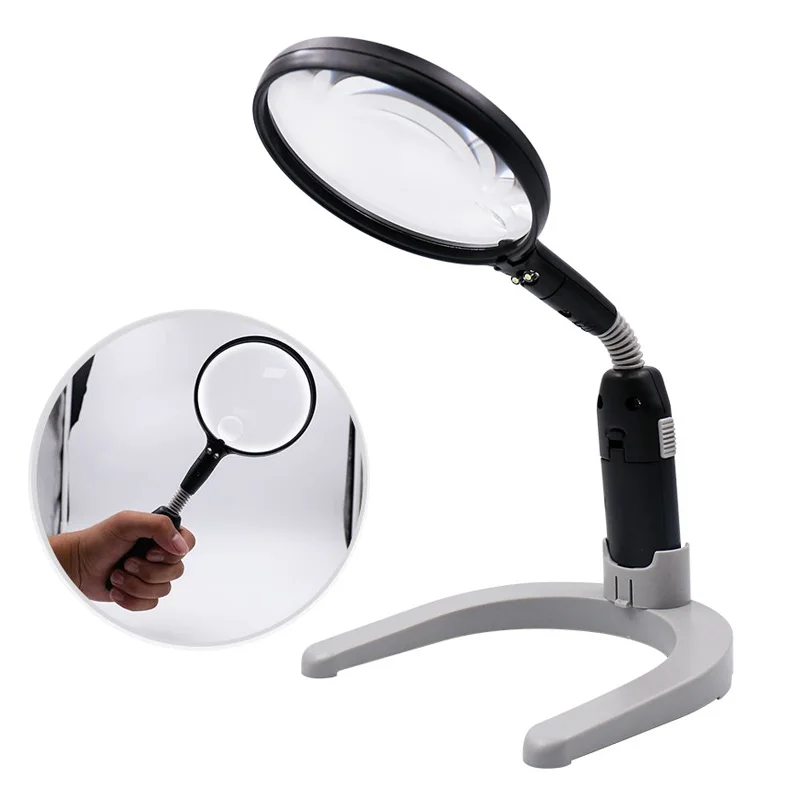 2X 4X Desktop Magnifying Glass LED Illuminated Desk lamp magnifier with stand Also can be used as a hand loupe