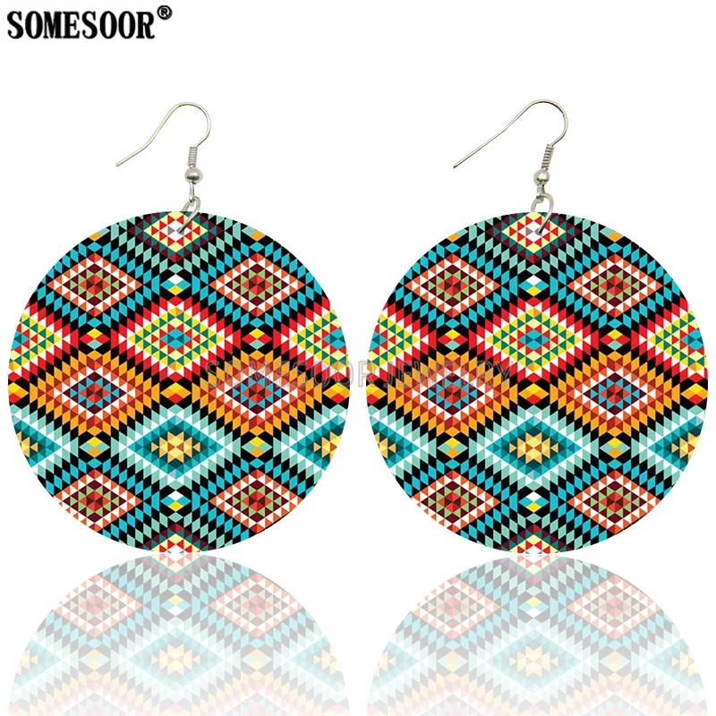 SOMESOOR African Wax Fabric Fleurs the Yards Ankara Pattern Both Sides Printing Wooden Drop Round Earrings For Women