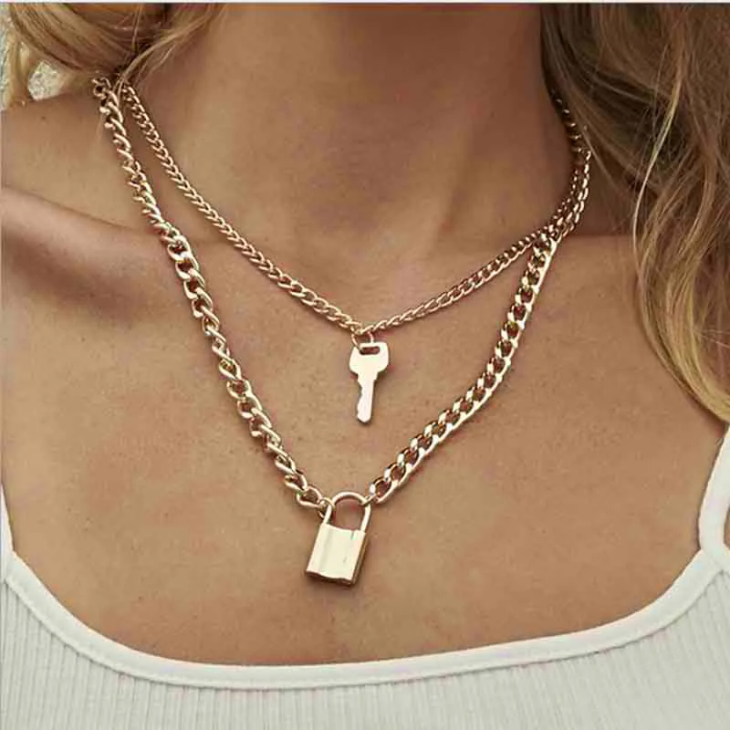 Rock Choker Lock Necklace Layered Chain On The Neck With Lock Mujer Key Padlock Pendant Necklace For Women Gift Punk Jewelry