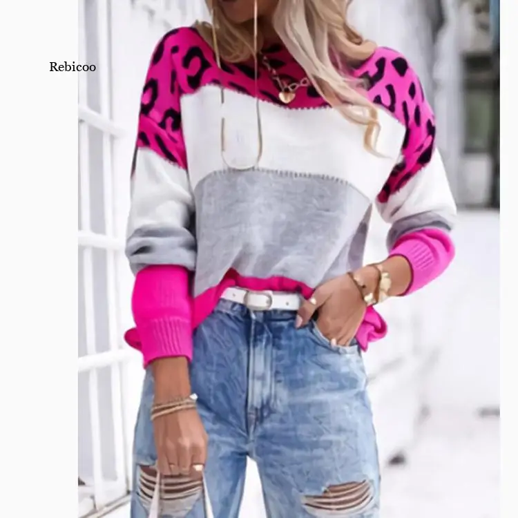 Color Matching Leopard Print Fashion Personality Round Neck Casual Sweater Autumn And Winter New Women's Knitted Sweater Women's