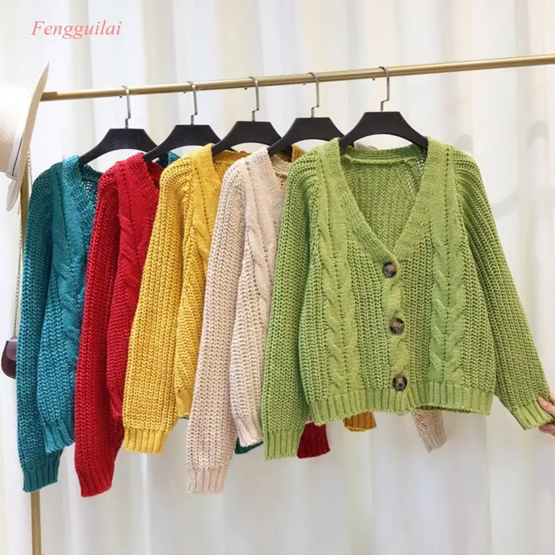 

Sweater Cardigan Jacket Women's Loose Coarse Wool Twist Button Over Knitted Sweater Women's Short Long Sleeve Autumn and Winter