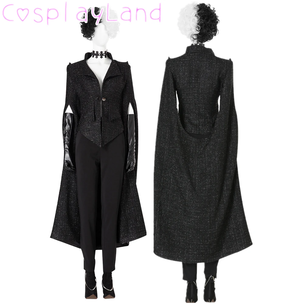 

2021 Newest Cruella Cosplay Costume Halloween Evil Queen Black Outfit Evening Party Dress Fancy Emma Suit Fashion With Shoes Wig