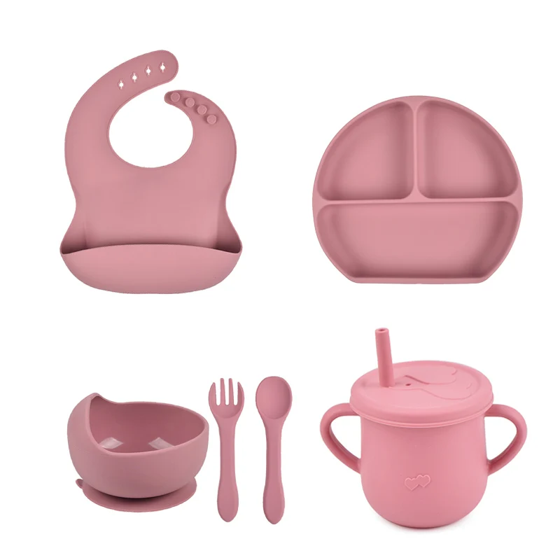 6PCS/Set Baby Silicone Tableware Cup  Bowl Plate/Tray Bibs Spoon Fork Sets Children Non-slip Feeding BPA Free Dinnerware Dinner