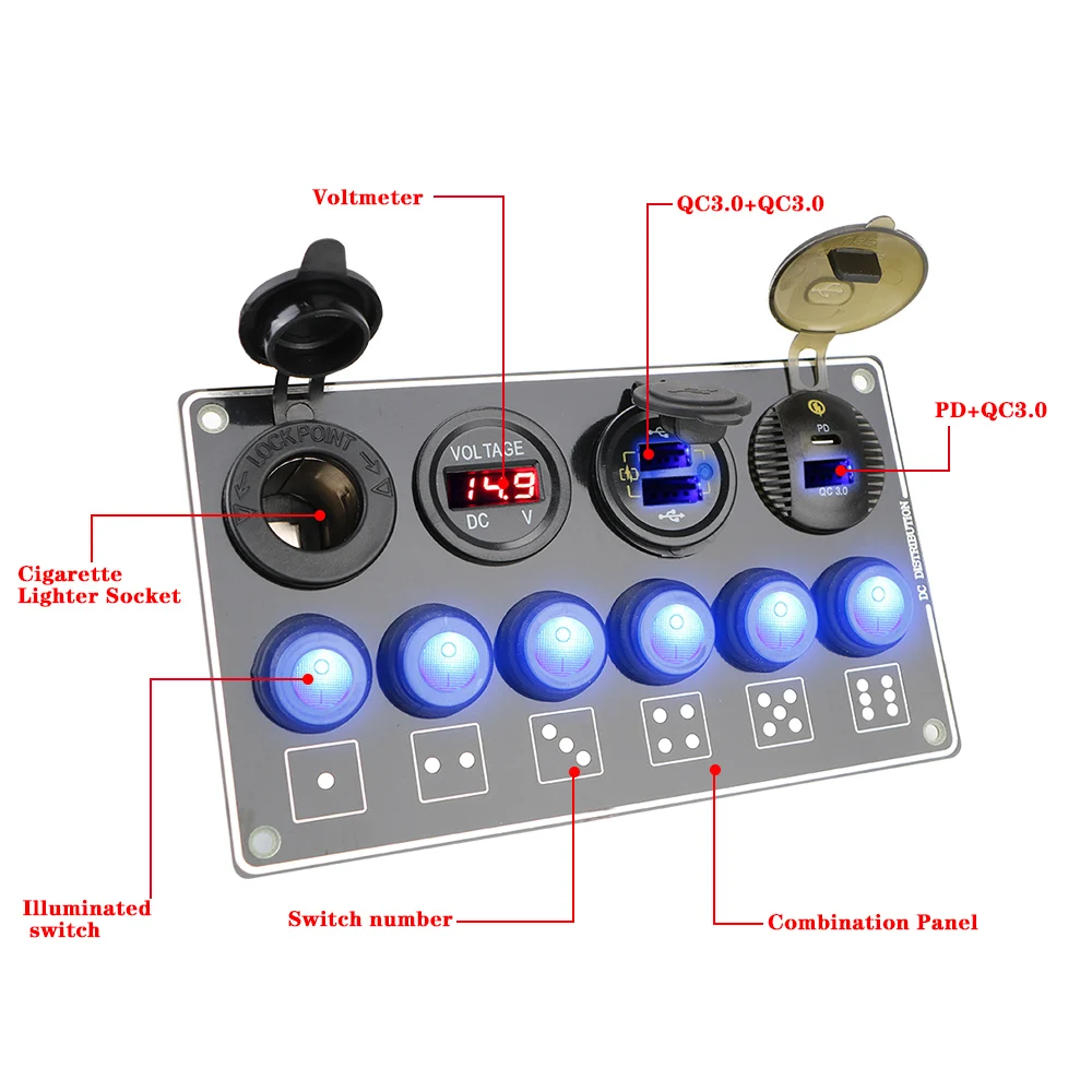 Panel de interruptor de camión de 12V y 24V con adaptador de corriente, cargadores USB PD QC3.0, voltaje LED, 6 botones, palanca de luz, accesorios para coche