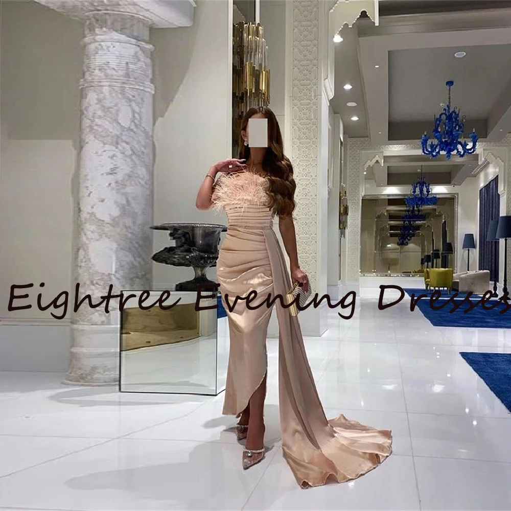 Eightree แชมเปญยาว Feather Prom ชุดเดรสแขนกุดด้านข้าง Slit ชุดราตรี Strapless พรรคอย่างเป็นทางการชุด Vestidos De Festa