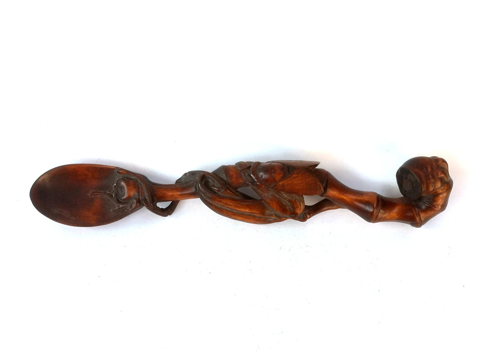 YIZHU CULTUER ART Collection Ancient China Old Boxwood Hand Carved Lovely cicada Tea spoon Family Decoration Gift