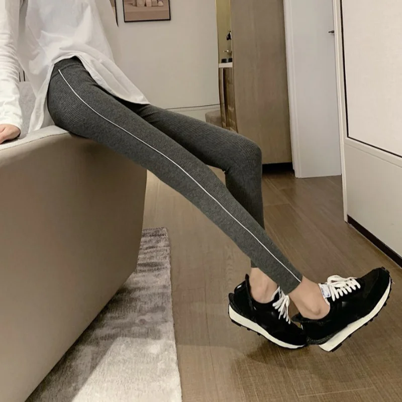 Leggings Women Ankle-length Patchwork Elastic Stretchy Knitted Leisure Trendy Chic ThickeningSkinny Running Inside High Waist