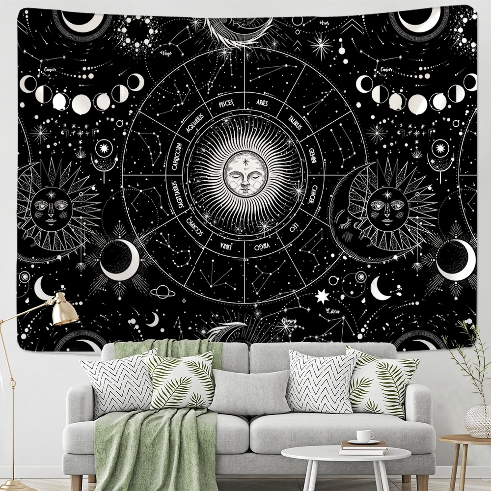 White Black Sun Moon Mandala Starry Sky Tapestry Wall Hanging Bohemian Gypsy Psychedelic Tapiz Witchcraft Astrology Tapestry