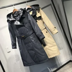 Style British Classic Double Breasted Windbreakers Winter Hooded Thick Down Coat Women Warm Slim Fit White Duck Down Long Jacket