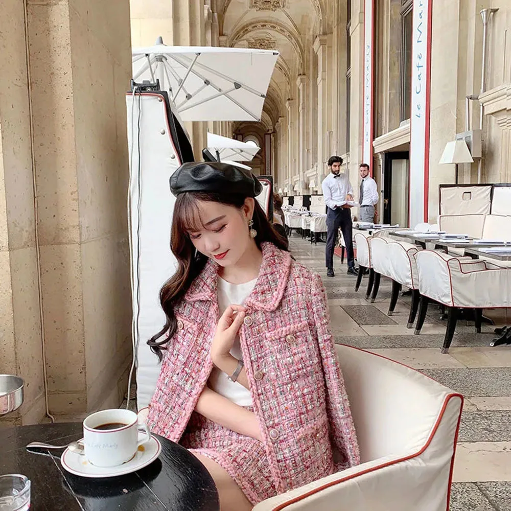 Spring And Autumn New Pink Tweed Female Coat For Women Suits Skirt Elegant Socialite Small Fragrance Wind Suit Two-piece Set