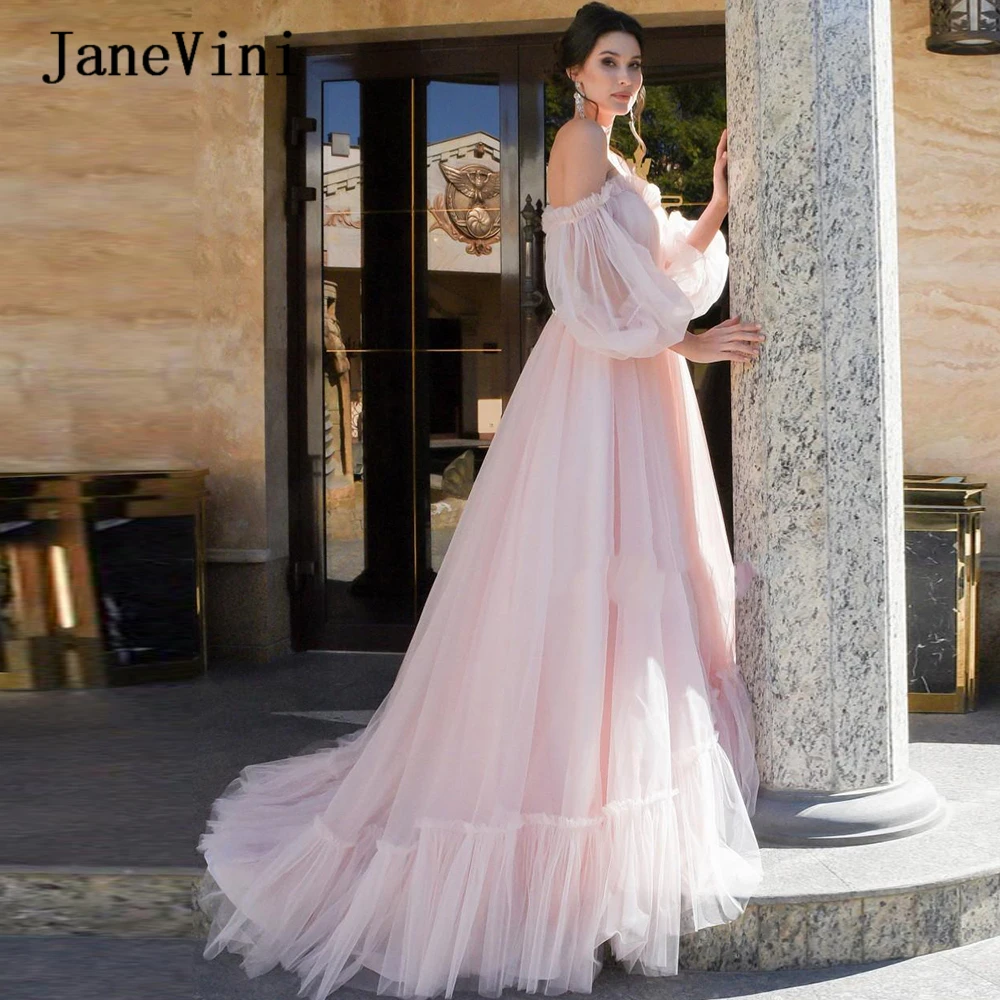 Janevini 2020 vestido de baile longo com mangas, elegante rosa plus size, com apliques de contas de tule, vassoura que varre vestidos de festa