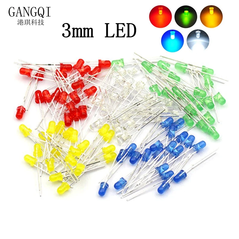 100PCS 3mm LED Light Assorted Kit DIY LEDs Set White Yellow Red Green Blue 5kinds X 20pcs=100pcs