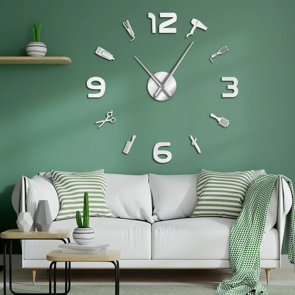 Barber Accessories DIY Large Wall Clock Acrylic Mirror Effect Wall Art Barber Shop Tools Frameless