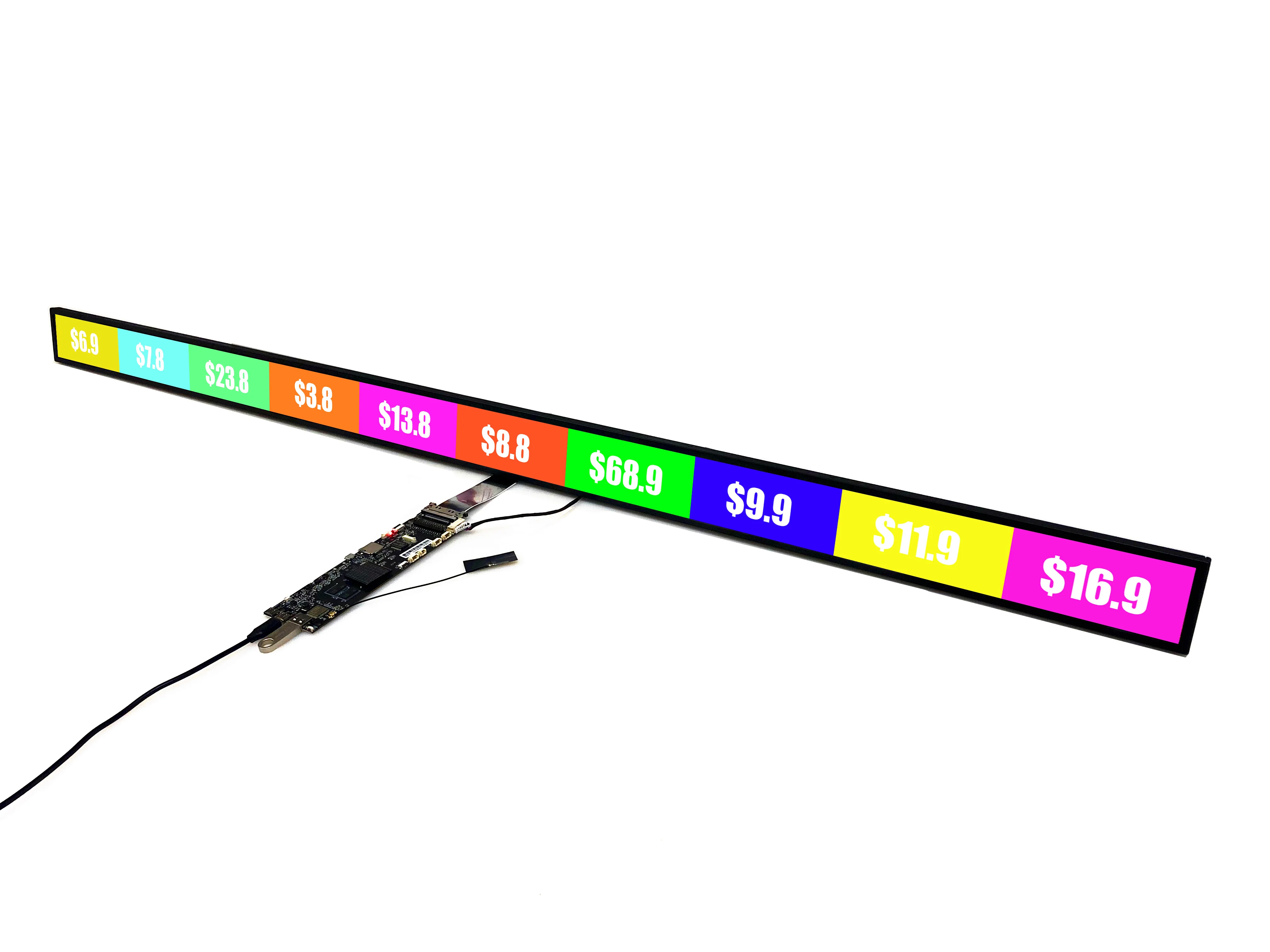 47.1 inch Stretched Bar LCD modules 3840(RGB)×160, 81PPI   support Android 9.0  ,Outline Size	1209(W)×62.9(H) ×15.5(D) mm