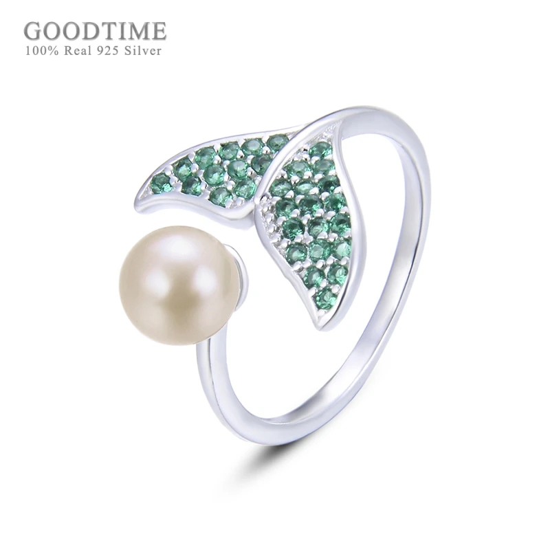 Women Rings Pure 925 Sterling Silver Jewelry Anniversary Open Ring Fishtail Shape Shell Pearl Green Zircon Ring Engagement Ring