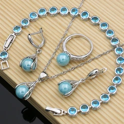 Blue Pearl Costume Jewelry Sets New Fashion 925 Silver Jewelry Kits Wedding Bridal Stones Bracelet Necklace Set Ladies Gift