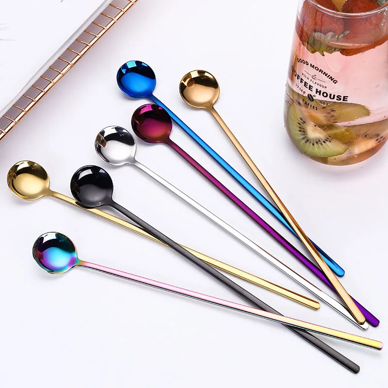 

New Long Handle Round Spoon Milk Tea Coffee Stirring Scoop Stainless Steel Coffee Spoon Dessert Spoon Cafe Kitchen Tableware