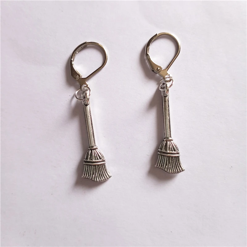 Antique Silver Color Broomstick Leverback Earrings, Punk Leverback Earrings, Broom Earrings, Wizard Jewelry