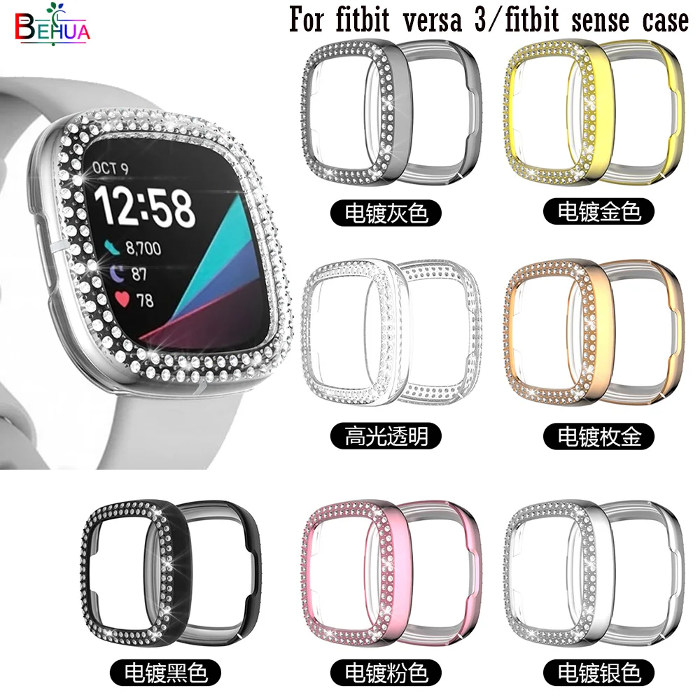 Hard pc Case for Fitbit versa 3 / Sense Two Rows Diamond Watch cases Cover Screen Protector Bumper Women Bling Protective Shell