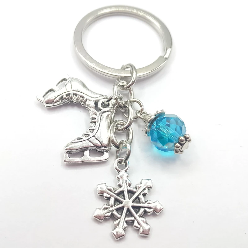Keychain key chain jewelry antique charm ice blade charm pendant with blue bead key chain ice skates winter jewelry