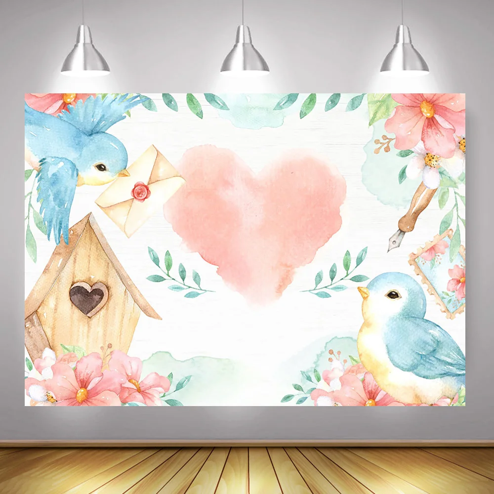 Birds Theme Valentine's Day Party Backdrop for Photography Pink Heart Writing Love Letter Background Wood House Watercolor Rose